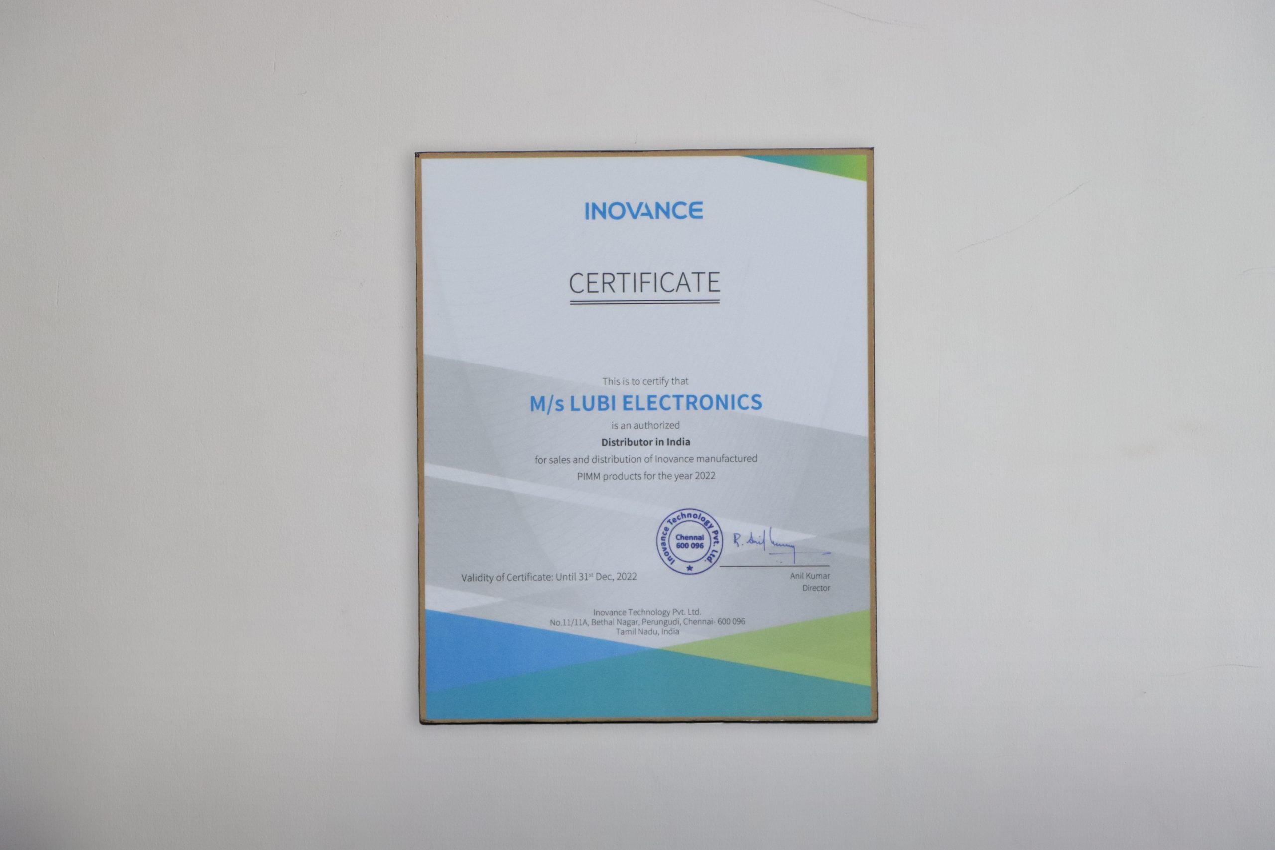 Authorized Distributor Certificate from INOVANCE