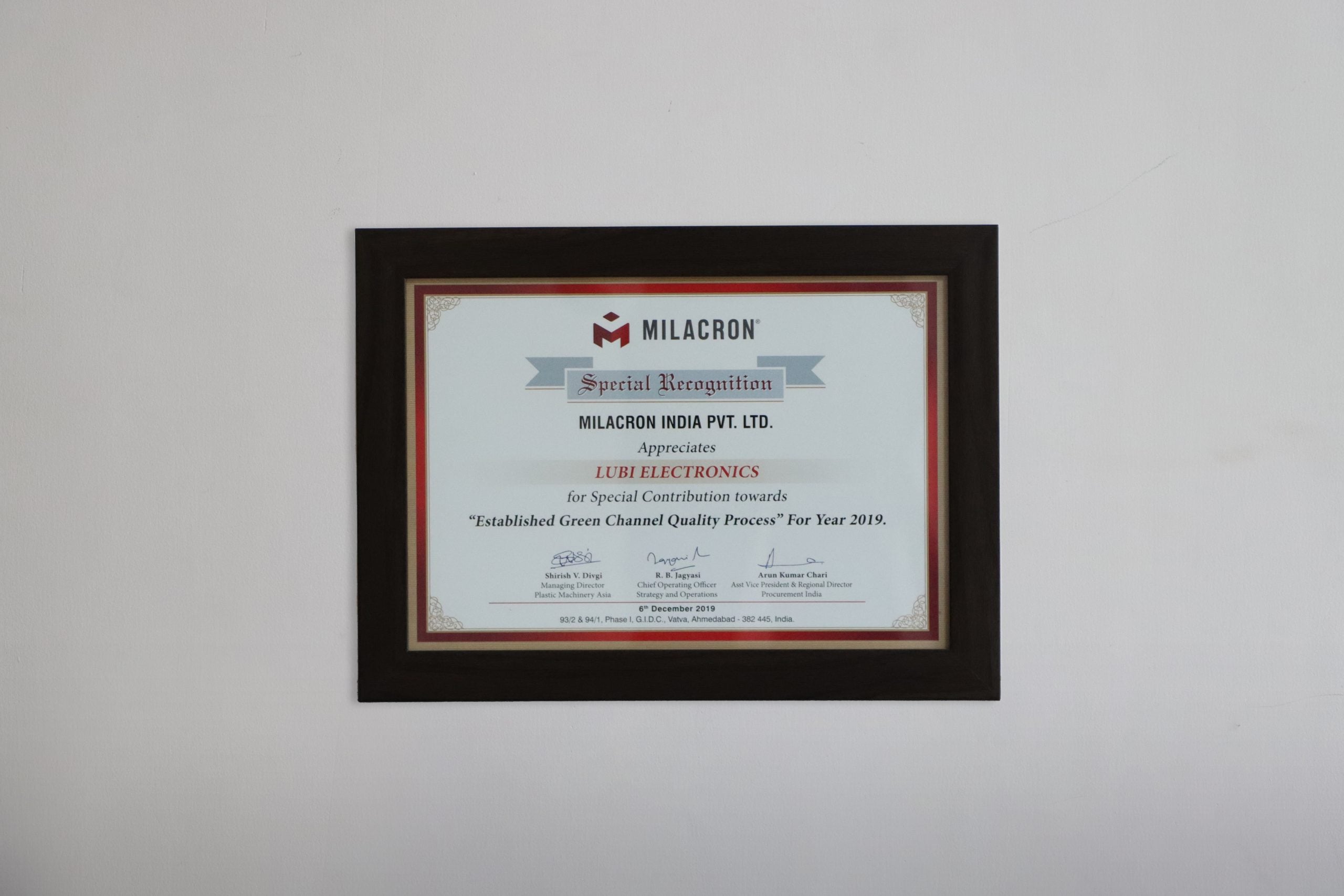 Established Green Channel Quality Process Certificate from MILACRON