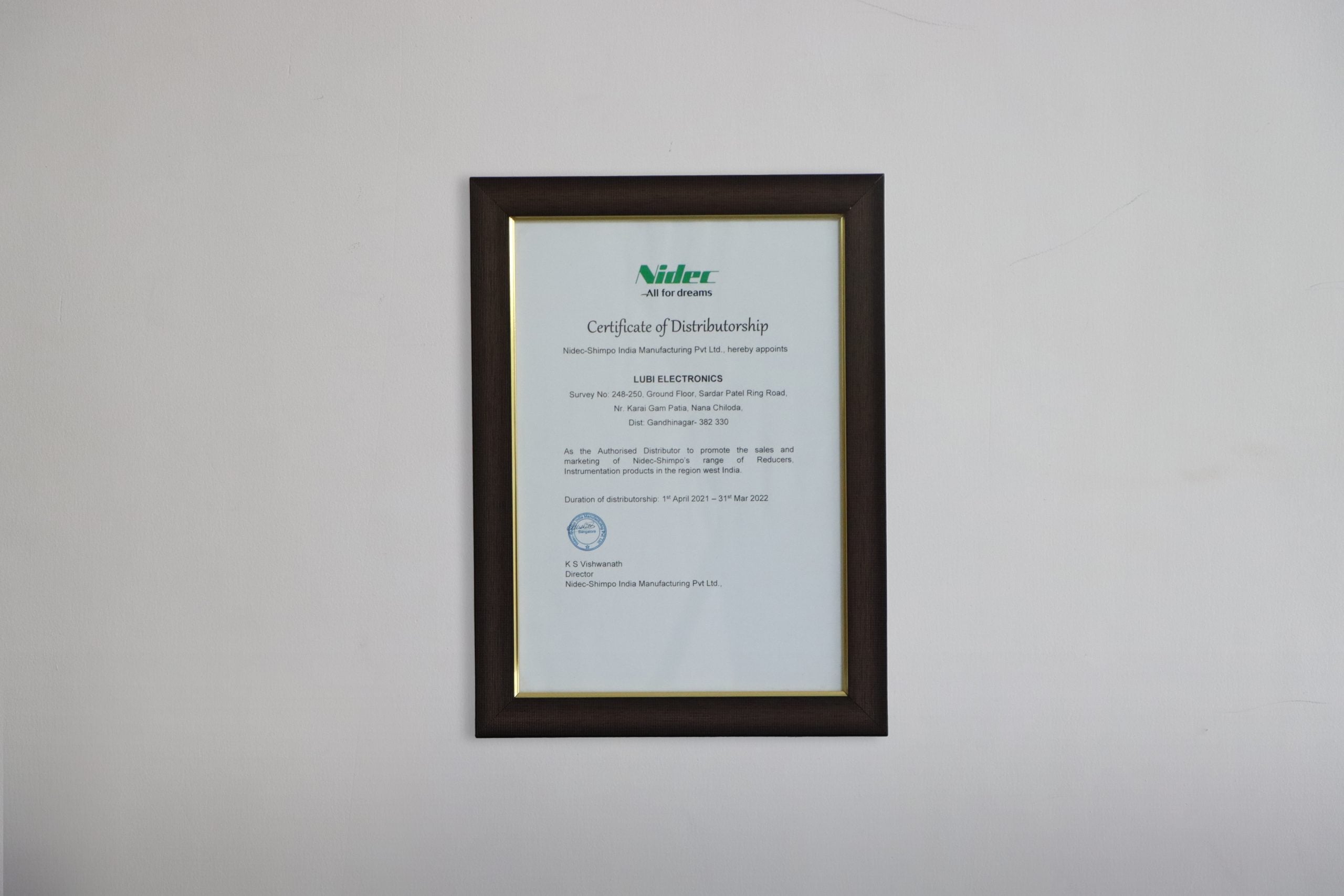 Authorized Distributor Certificate from NIDEC