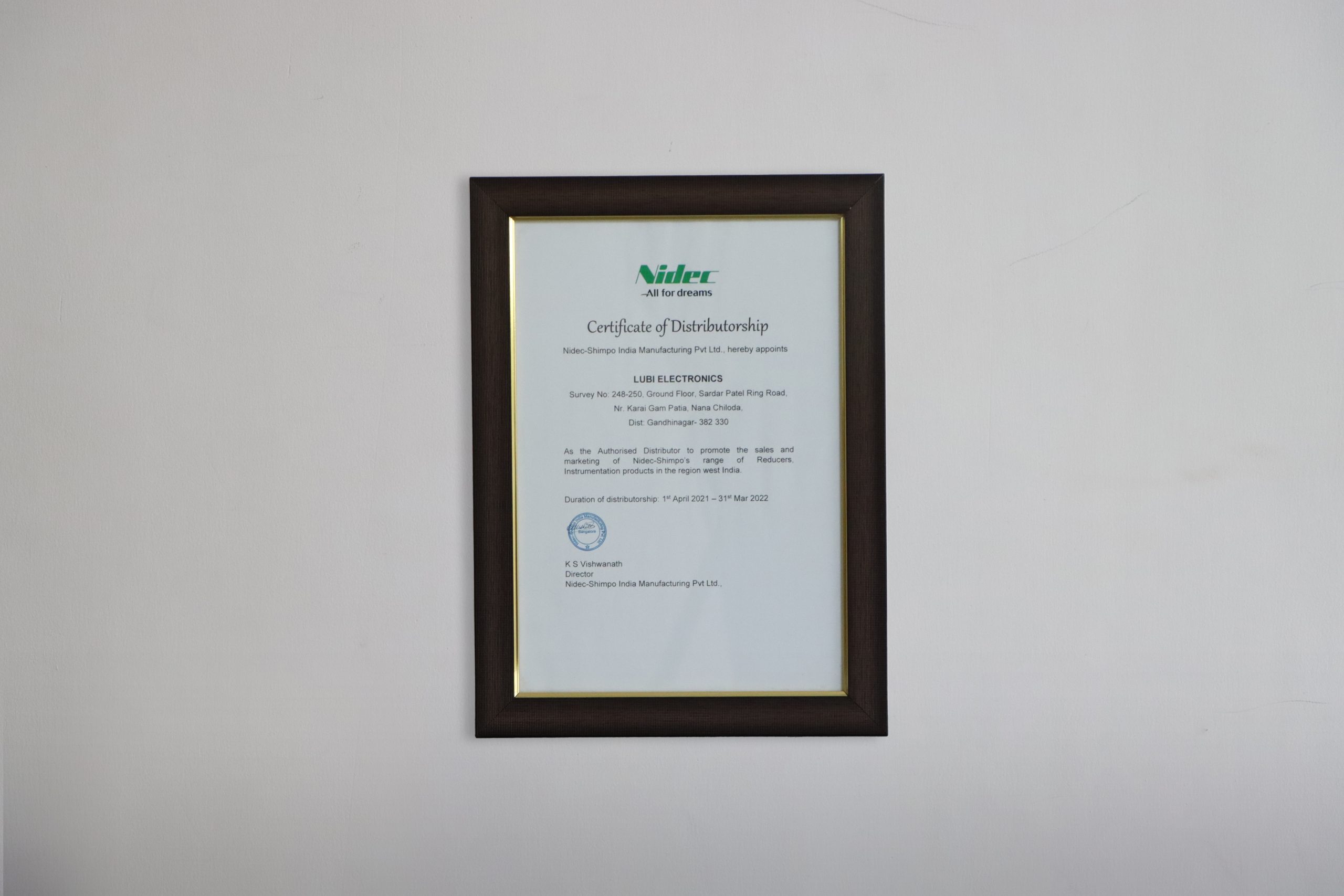 NIDEC_certificate of distributorship